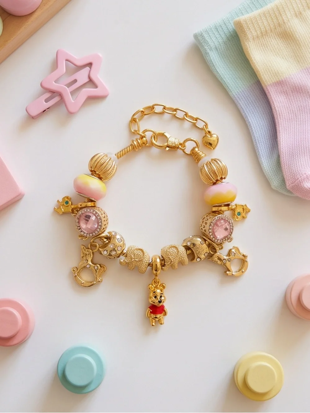Cute Gold Teddy Bear & Safari Animal Charm Bracelet (Kids / Tweens - 6